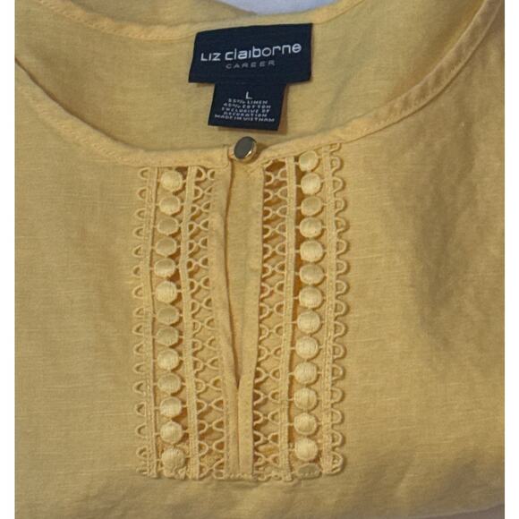 Vintage Liz Claiborne Linen Cotton Blend Blouse Large Yellow Eyelet Short Sleeve - Picture 5 of 8